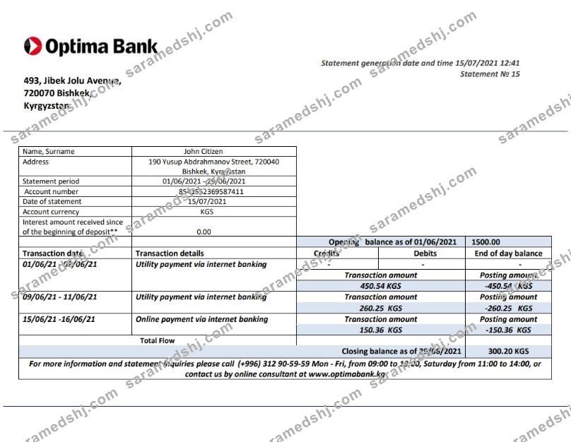 Kyrgyzstan Optima Bank statement